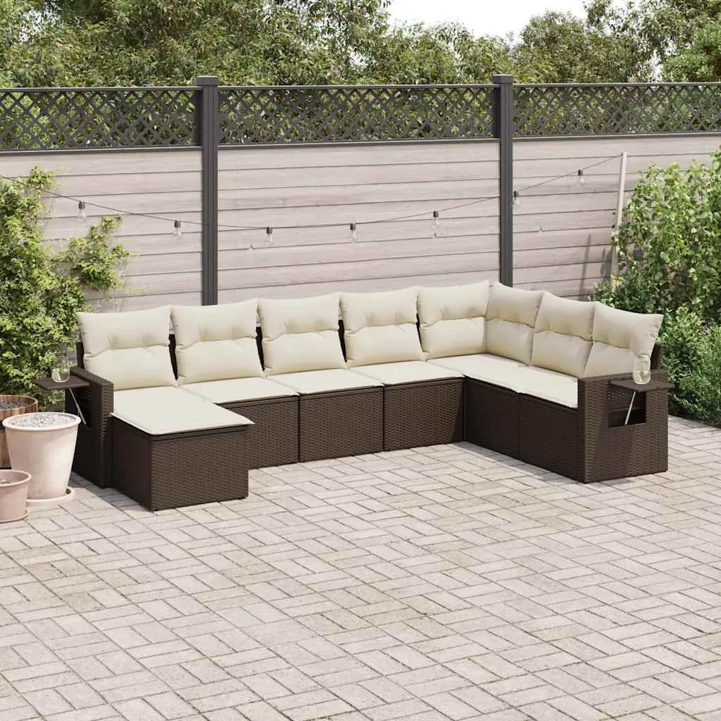 8 pcs conjunto sofás de jardim c/ almofadões vime PE castanho