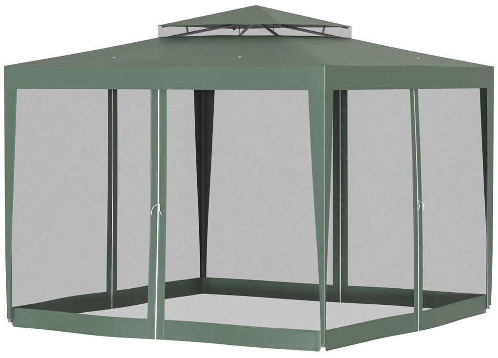 Outsunny Pérgola de Jardim 3x3m Pérgola com 4 Redes Mosquiteiras Laterais com Zíper Teto de Ventilação e 8 Orifícios de Drenagem Pérgola para Terraço Pátio Exterior Verde