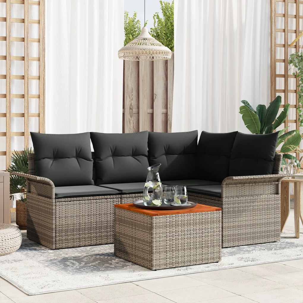 vidaXL Conjunto de Sofá de Jardim de 5 Peças com Almofadas Cinza de Poliratan Acácia