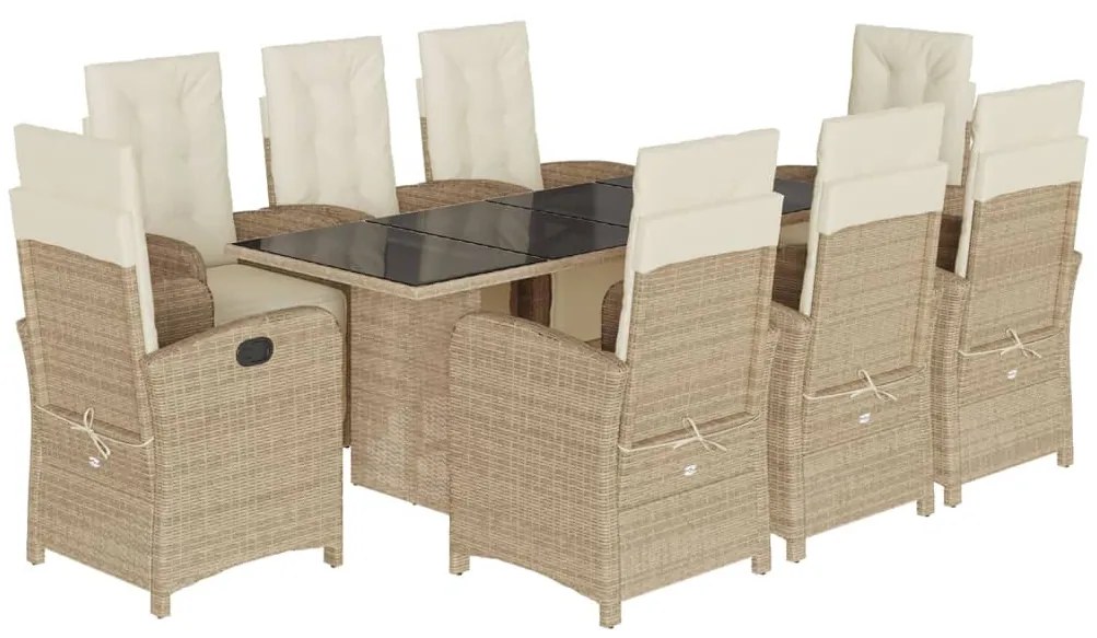9 pcs conjunto de jantar p/ jardim com almofadões vime PE bege