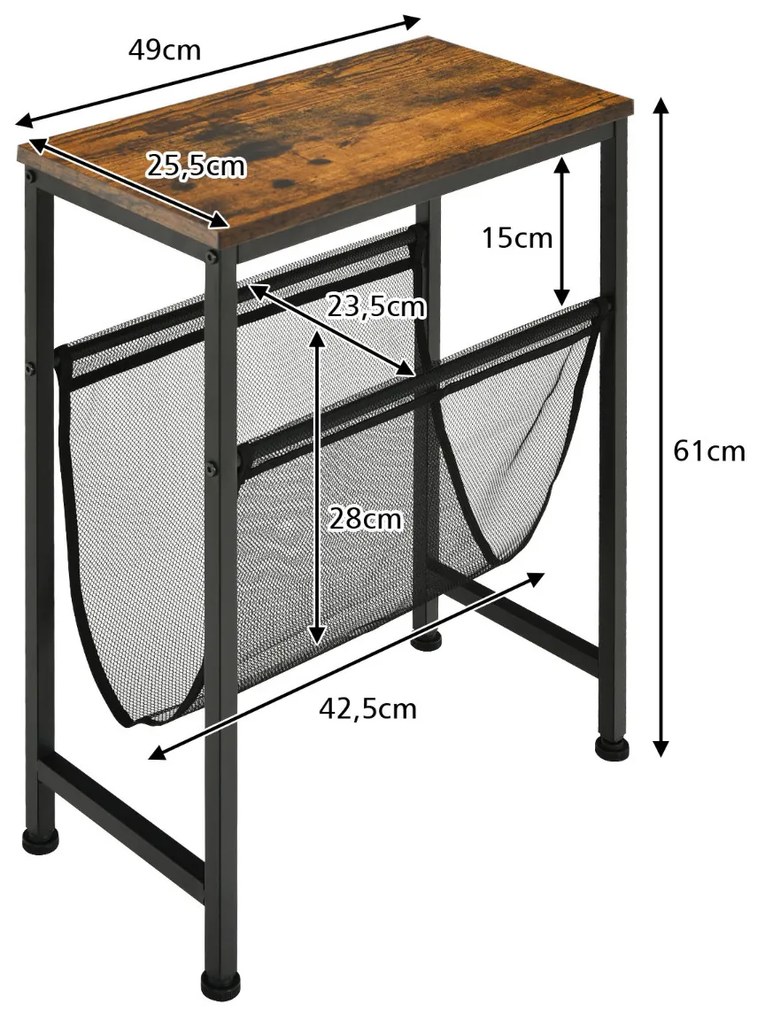 Mesa Lateral Industrial com Porta Revistas Pequena Mesa Lateral Estreita de 2 Níveis Superfície de Madeira para Sala de Estar Escritório de Quartos 49 x 25,5 x 61 cm