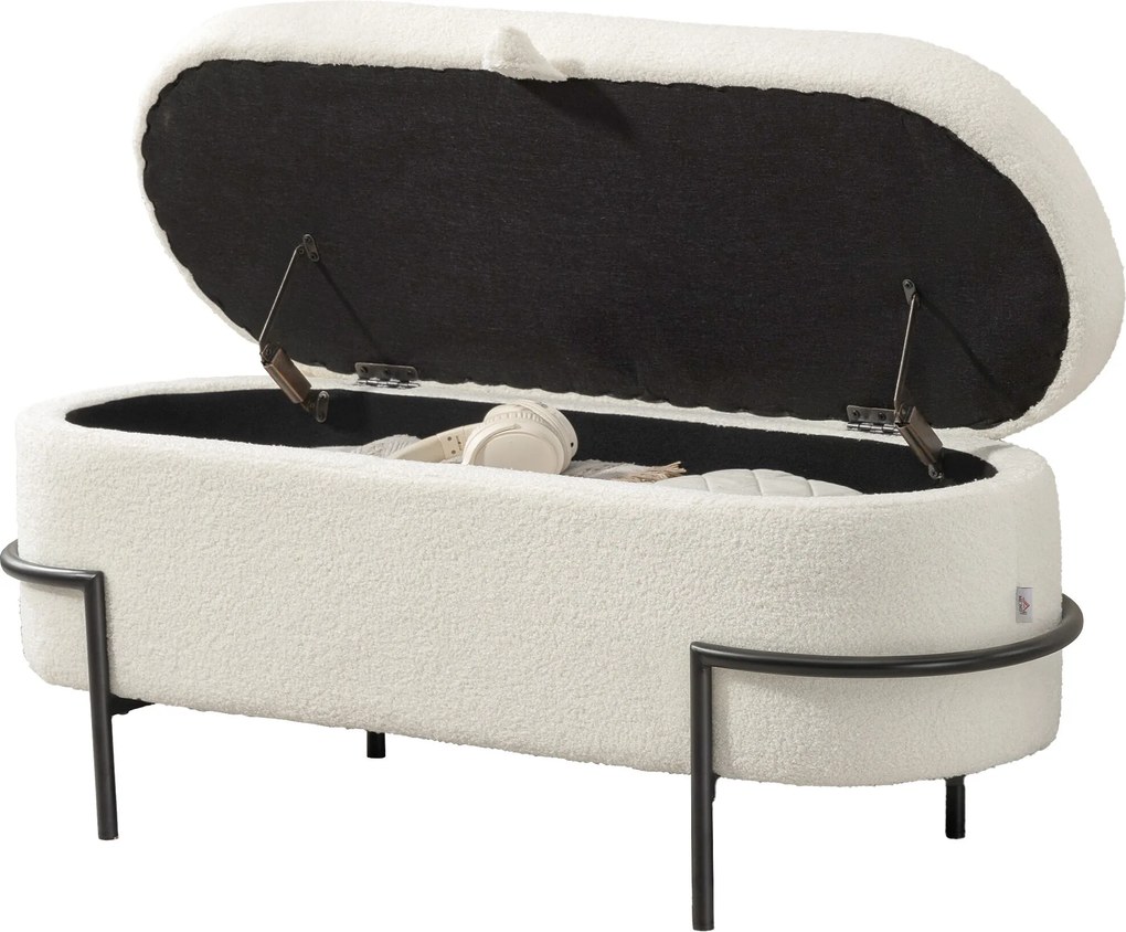 Banco com arrumação 114,5 L x 40 P x 48 A cm, banco com baú de arrumação em tecido felpudo, com tampa levantável e pés em aço, creme