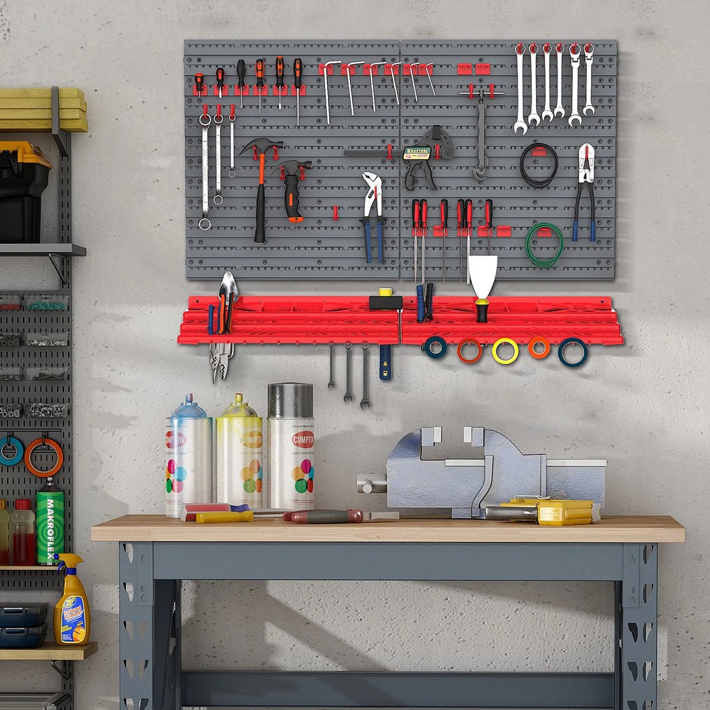 DURHAND Estante de Parede com Sistema de Armazenamento 95,5x23x53,5cm Suporte para Ferramentas com 54 Peças 50 Ganchos para Oficina Garagens