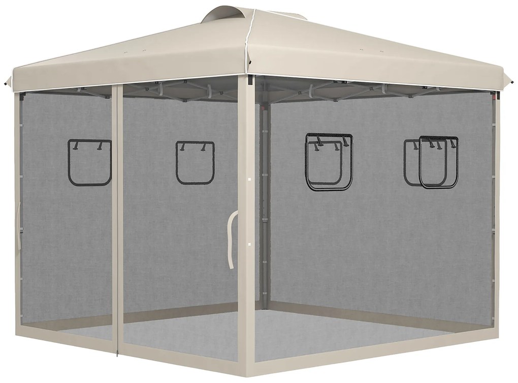 Outsunny Tenda Dobrável 3x3 m Tenda de Jardim com Parede Lateral de Malha 6 Janelas Altura Ajustável para Campismo Festas Bege