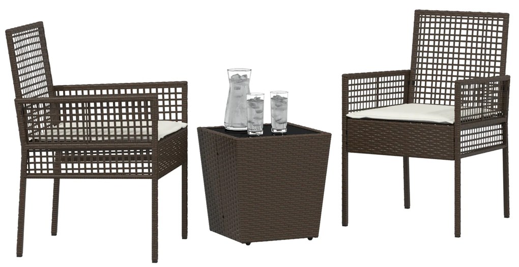 Conjunto de Bistro de Jardim de 3 Peças com Almofadas Castanho em Ratt