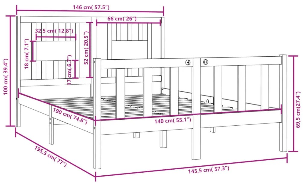 Estrutura de cama 140x190 cm madeira maciça branco