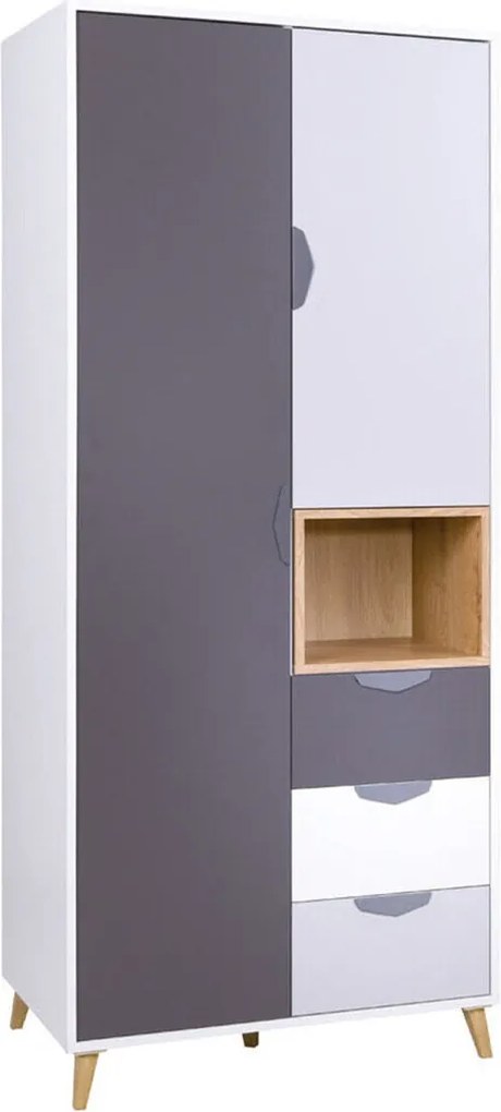 Roupeiro Domvera 101, Grafite, Branco, Carvalho lefkas, Cinzento, 190x80x55cm, 80 kg, Portas para roupeiro: Com dobradiças, Número de prateleiras: 4, Número de prateleiras: 4