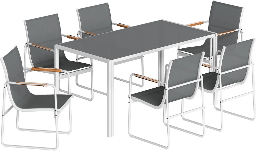 Outsunny Conjunto de Mesa e Cadeiras de Jardim de 7 Peças com Mesa de Vidro Temperado 6 Cadeiras e Estrutura em Aço Branco e Cinza | Aosom Portugal
