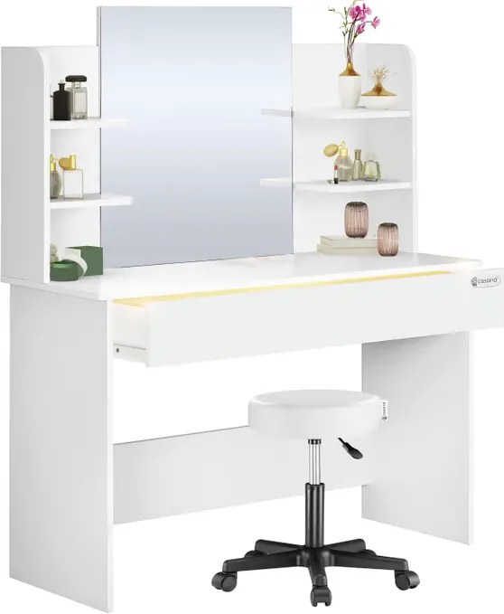 Toucador de maquilhagem Lucia 140x110x40cm, com banco com rodas Branco