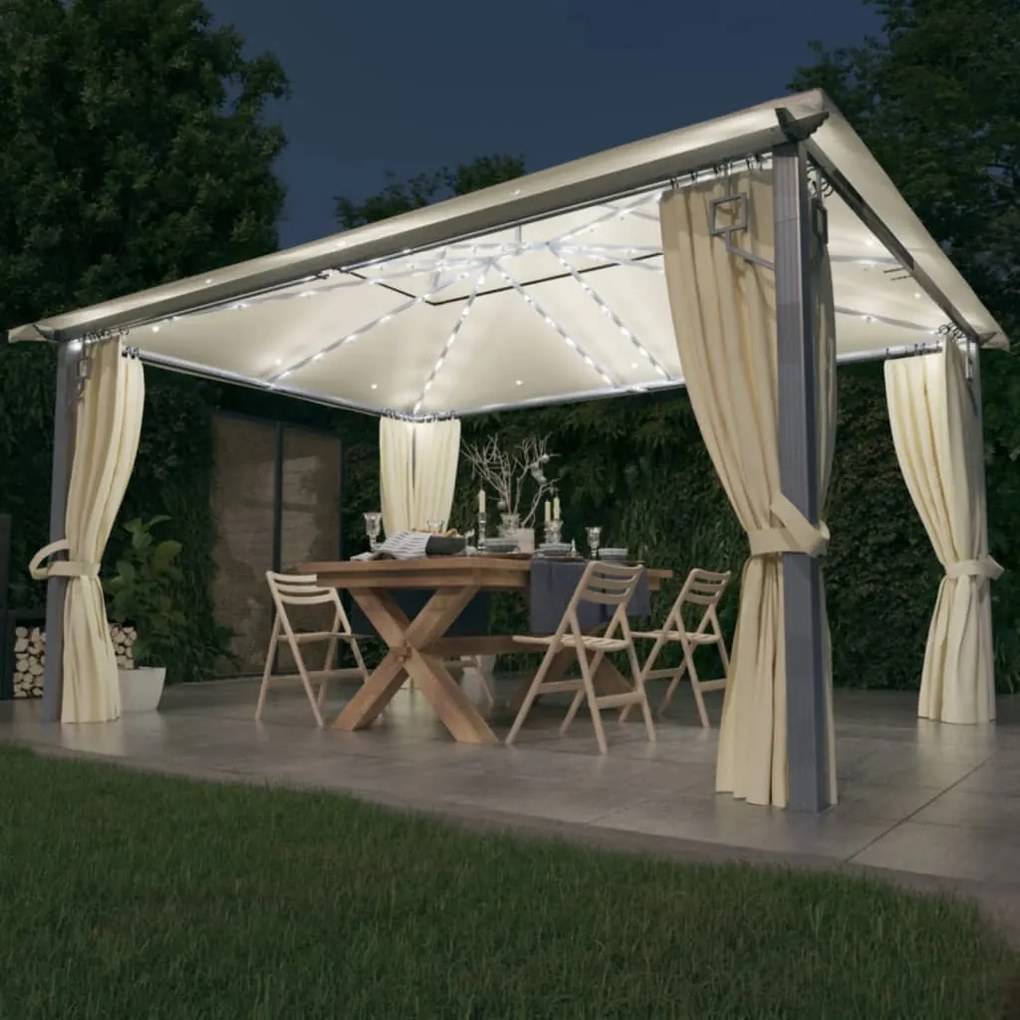 Gazebo com cortinas e cordões de luzes LED 4x3 m alumínio creme