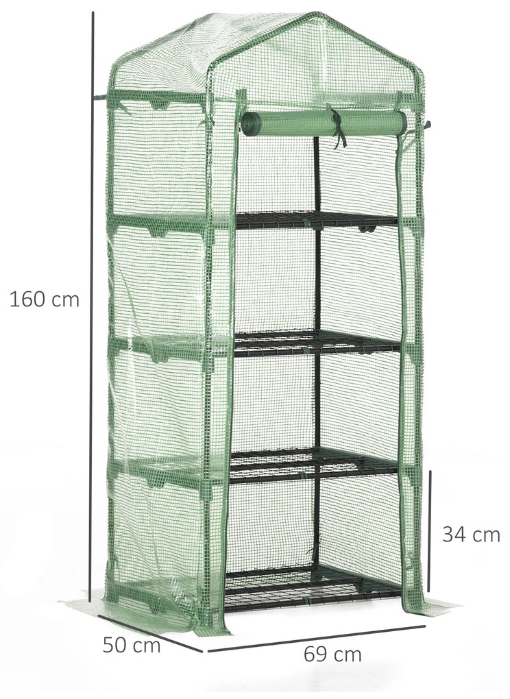 Estufa de Jardim com 4 Prateleiras e Cobertura de PE Estufa de Aço para Cultivo de Plantas Flores 69x50x160cm Verde