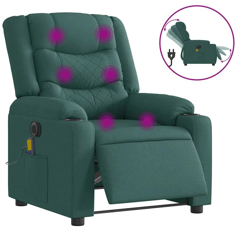 Poltrona reclinável de massagens elétrica tecido verde-escuro