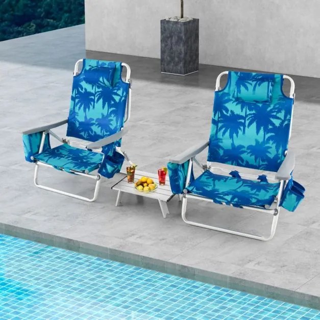 Conjunto de 2 cadeiras reclináveis de exterior com estrutura de alumínio e mesa de jardim, piscina campismo, praia dobraveis Azul