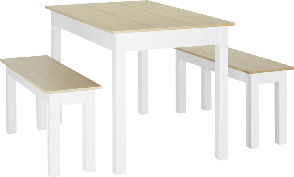 Conjunto de mesa de jantar de 3 peças com 2 bancos encaixáveis para 4-6 pessoas, estilo contemporâneo, em aglomerado cor carvalho e branco