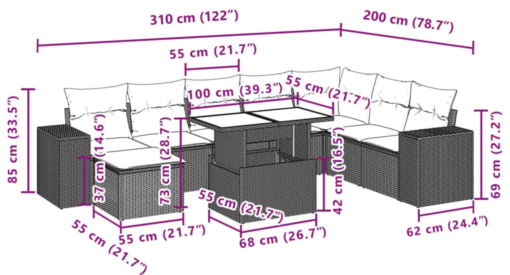 9 pcs conj. sofás jardim com almofadões vime PE cinzento-claro