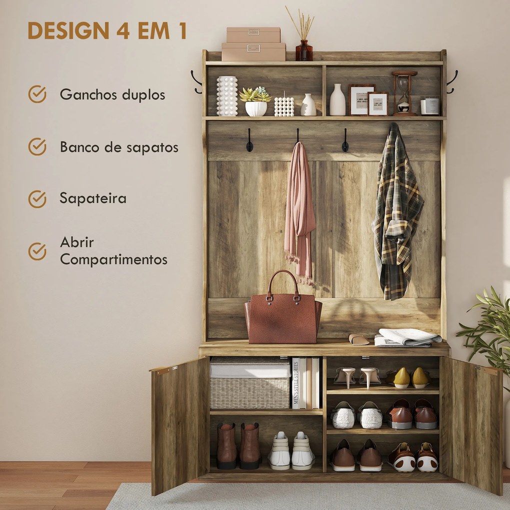 Móvel Cabide de Entrada com Sapateira Prateleiras Abertas e 6 Ganchos Estilo Moderno 100x38x172 cm Carvalho
