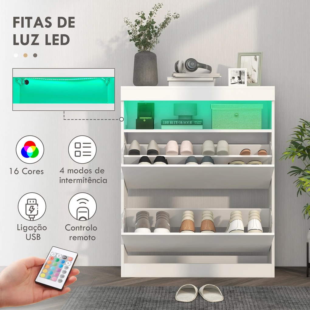 Móvel Sapateira de Entrada com Luzes LED Prateleira Aberta e 2 Gavetas Basculantes para 12-16 Pares 80x24x99,5 cm Branco Brilhante