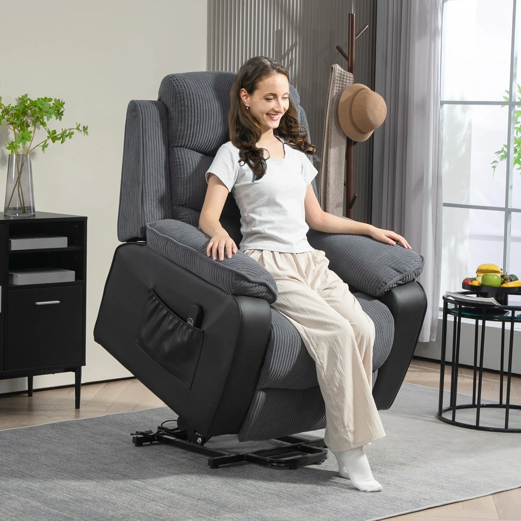 Poltrona Relax Reclinável com Controlo Remoto Apoio para os Pés Poltrona Elevatória 96x96x108 cm Cinza Escuro