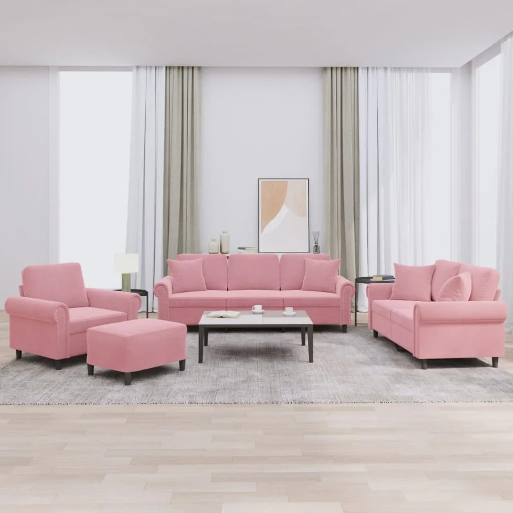 vidaXL 4 pcs conjunto de sofás com almofadas veludo rosa