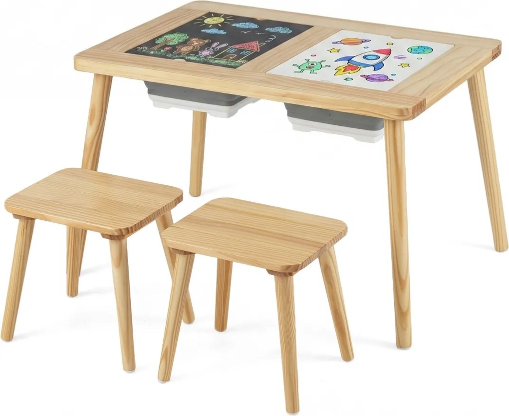 Mesa para crianças 3+ anos sensorial com bancos Superfícies duplas removíveis Baldes e pinho Natural e preto e branco