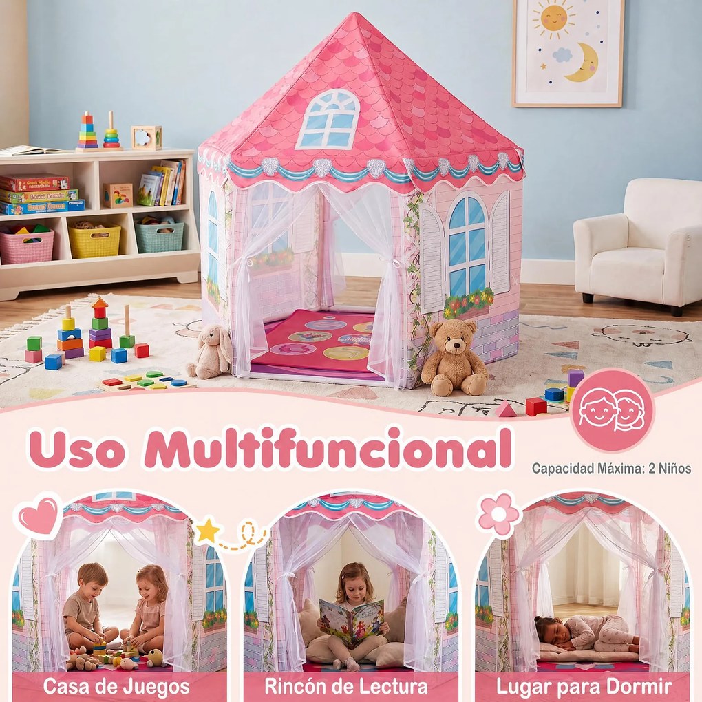 Conjunto de Tenda de Brincar e Tapete de Dança, 140 x 140 x 140 cm, Design de Castelo de Princesas, Rosa