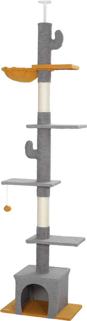 Arranhador para gatos, altura 275 cm, 6 níveis para gatos de interior, do chão ao teto, com plataformas e compartimentos abertos, cinzento claro