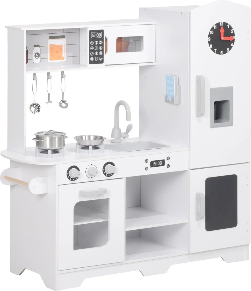 Cozinha de Madeira para Crianças com Fogão Lavatório Micro-Ondas Relógio Máquina de Gelo e Acessórios 100,5x41x110 cm Branca