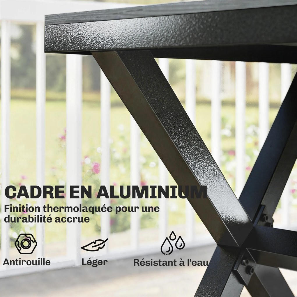 Conjunto de jantar de jardim de 7 peças para 6 pessoas, mesa e cadeiras empilháveis com ripas com efeito de madeira, estrutura em alumínio, cinzento