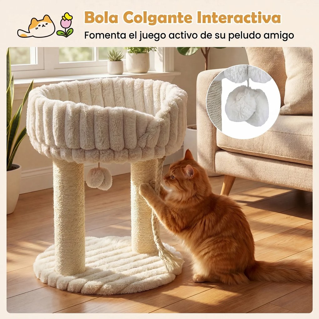 Árvore para Gatos, 40 x 40 x 50,5 cm, Plataforma Superior de Felpa, Bege