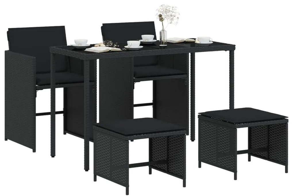 5 pcs conjunto de jantar p/ jardim c/ almofadões vime PE preto