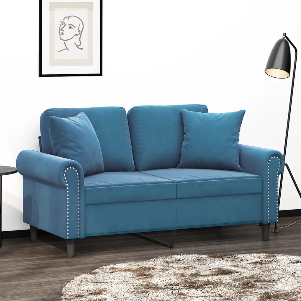 vidaXL Sofá 2 lugares c/ almofadas decorativas 120 cm veludo azul