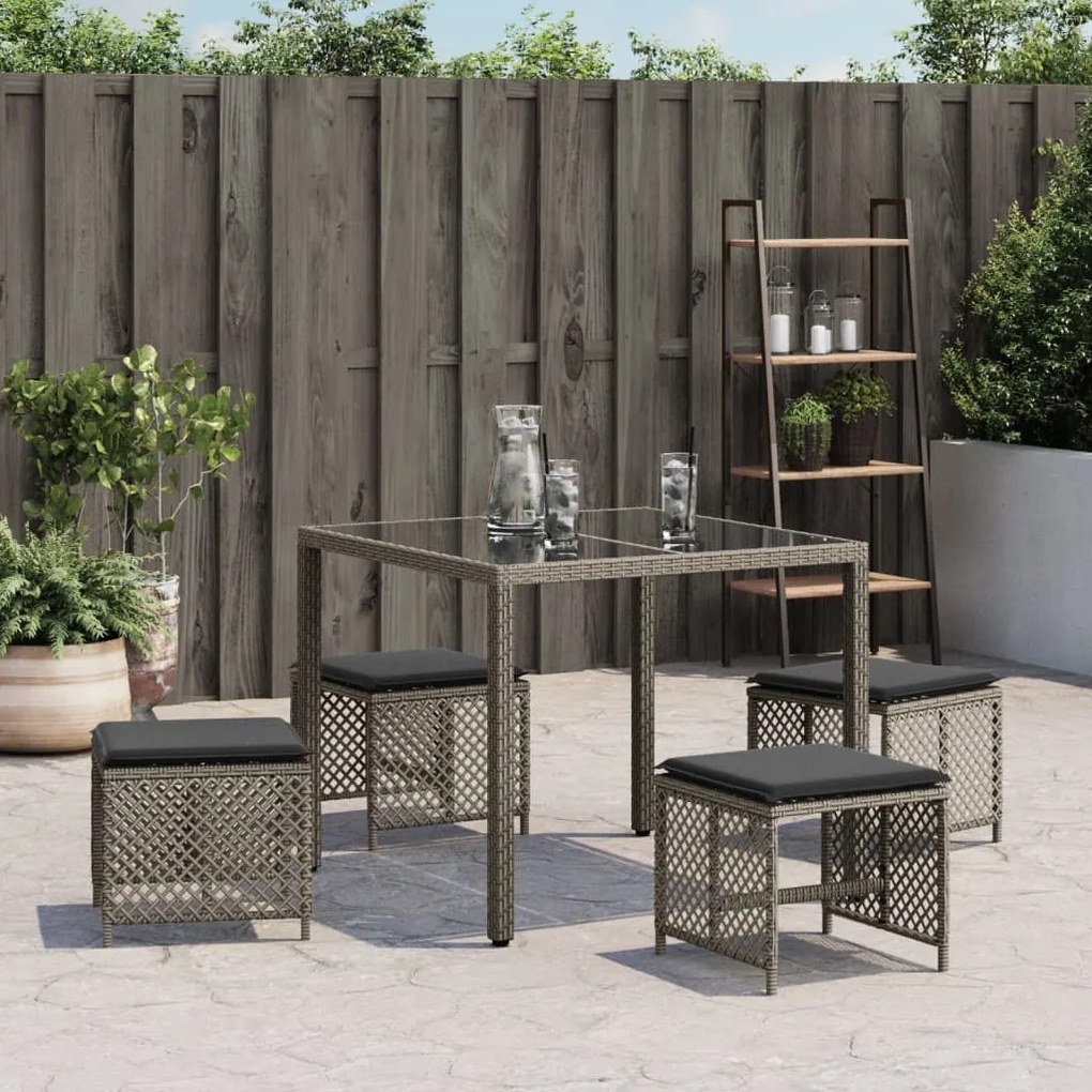 Bancos jardim com almofadões 4 pcs 41x41x36 cm vime PE cinzento