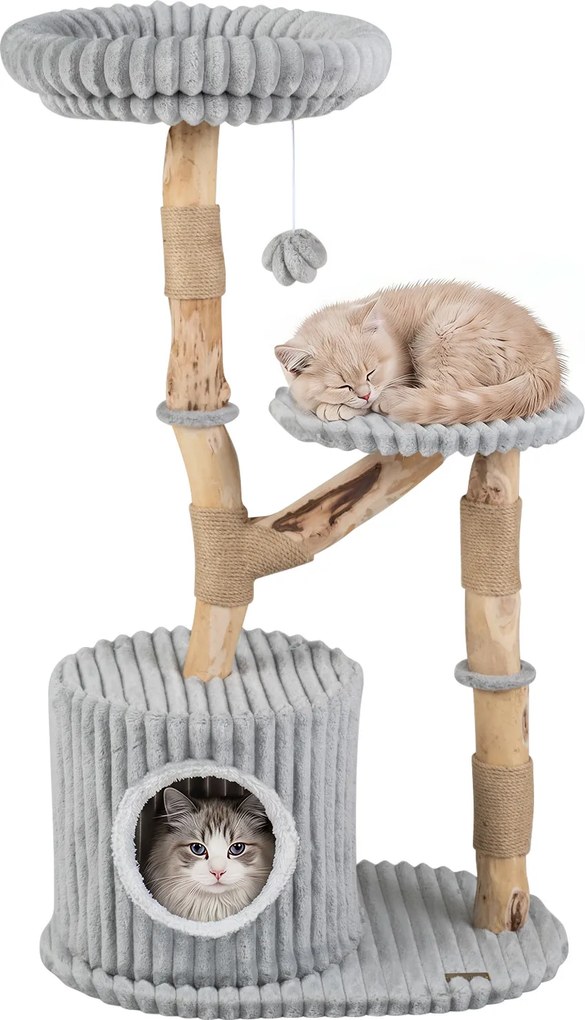 Arranhador para Gatos, 56 x 41 x 105 cm, Tronco em Madeira Natural de Pereira, Cinzento