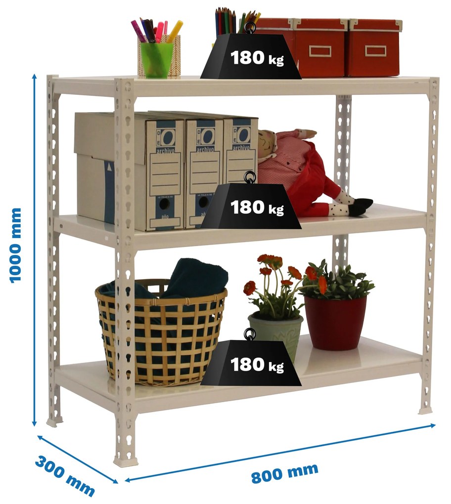 Estante com 3 Prateleiras METÁLICA SIMONCLICK MINI 3/300 1000 BRANCO/BRANCO Capacidade P/ prateleira 180 Kg Dimensões 1000x800x300 mm