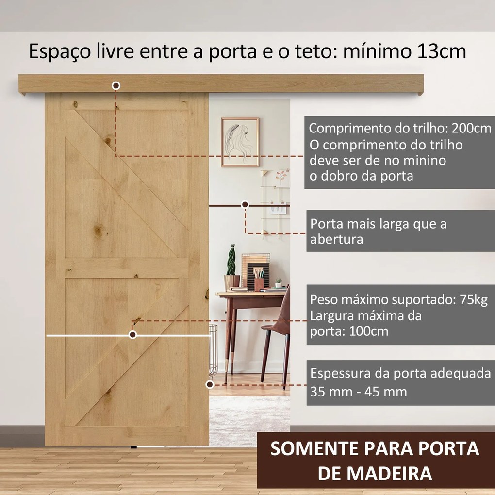 HOMCOM Ferragens para Porta de Correr 200 cm Kit de Ferragens Trilho d