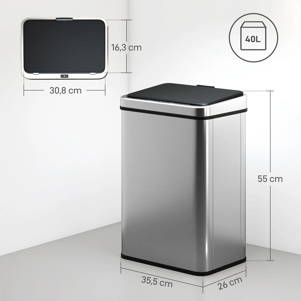 Caixote do lixo com sensor de 40 L, tampa com fecho suave, caixote do lixo de cozinha automático em aço inoxidável, prateado