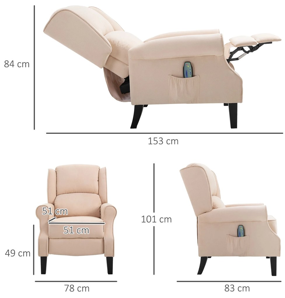 Poltrona de Massagem Poltrona Relax Reclinável com Controlo Remoto 2 Áreas de Massagem Bolso Lateral 78x83x101 cm Bege