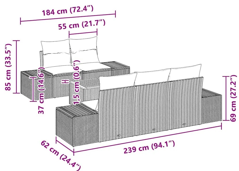 Conjunto de Sofá de Jardim com 6 Peças e Almofadas Cinzas em Rattan Si