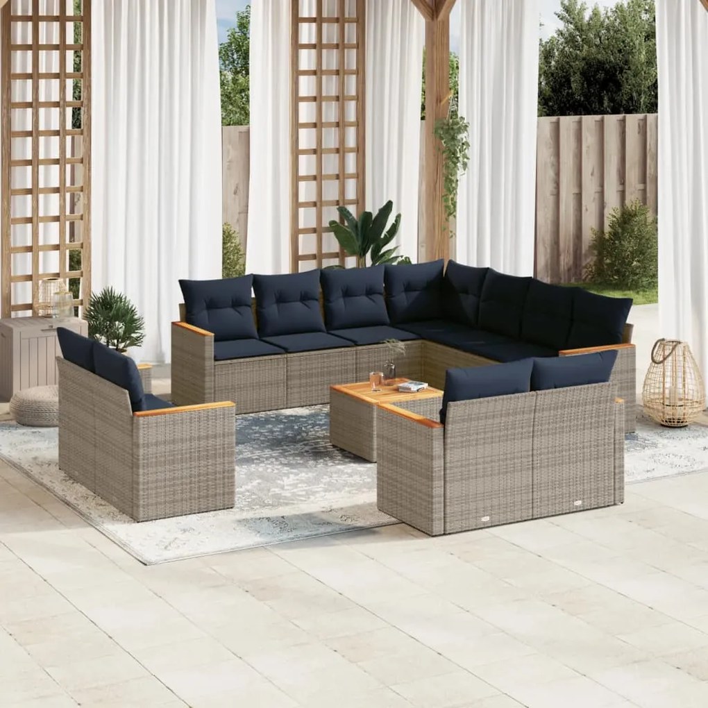 vidaXL 12 pcs conjunto sofás p/ jardim c/ almofadões vime PE cinzento
