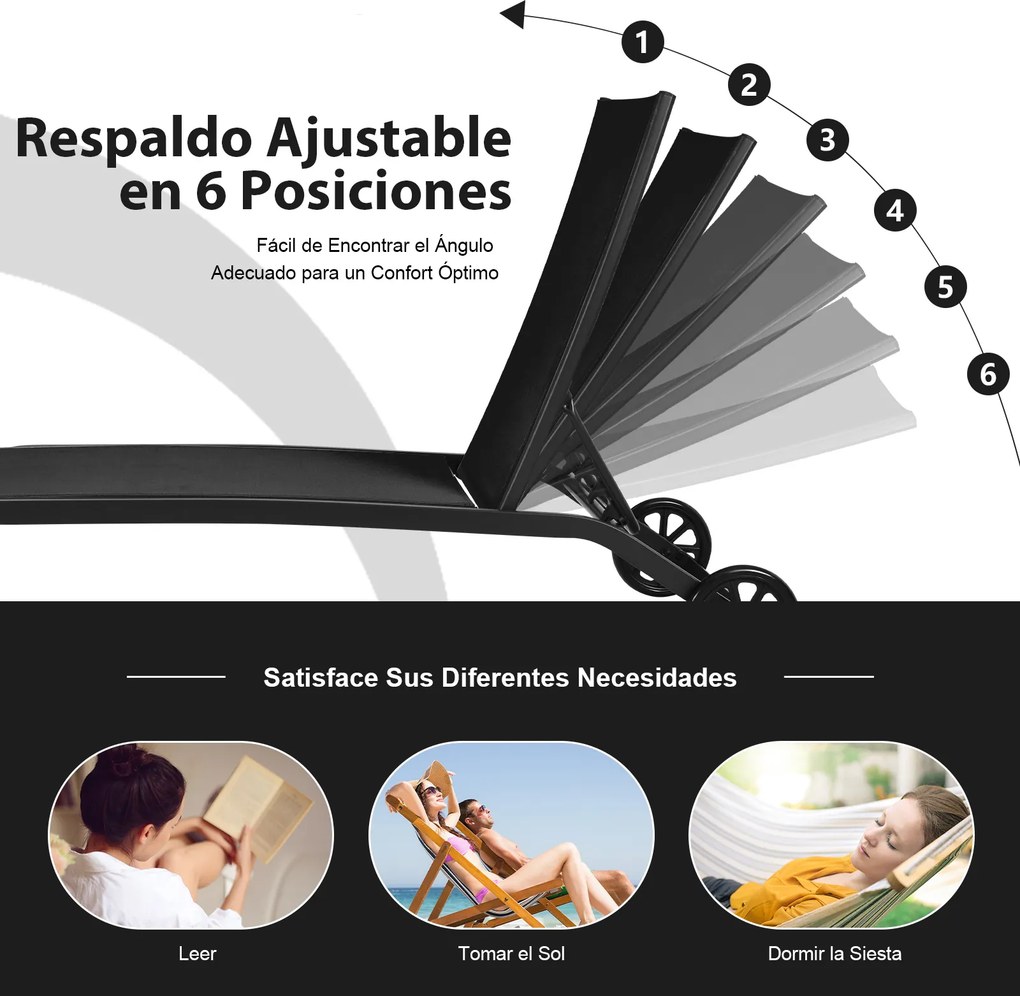 Conjunto de 2 espreguiçadeiras com rodas, tecido de secagem rápida e encosto reclinável em 6 posições, para exterior, piscina, pátio e jardim, Pretas