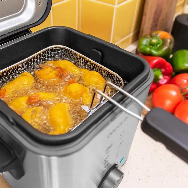 Fritadeira com óleo de 900 W, capacidade 1,5 L CleanFry Advance 1500 Inox, aço inoxidável, filtro OilClean, recipiente amovível, Tampa com janela