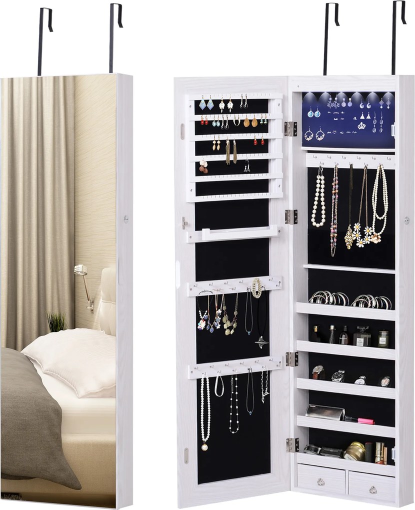 HOMCOM Espelho com Móvel de Bijuterias de Parede ou Porta Espelho de Parede com LED 5 Prateleiras 2 Gavetas 37x120x10cm Cinza Claro | Aosom Portugal
