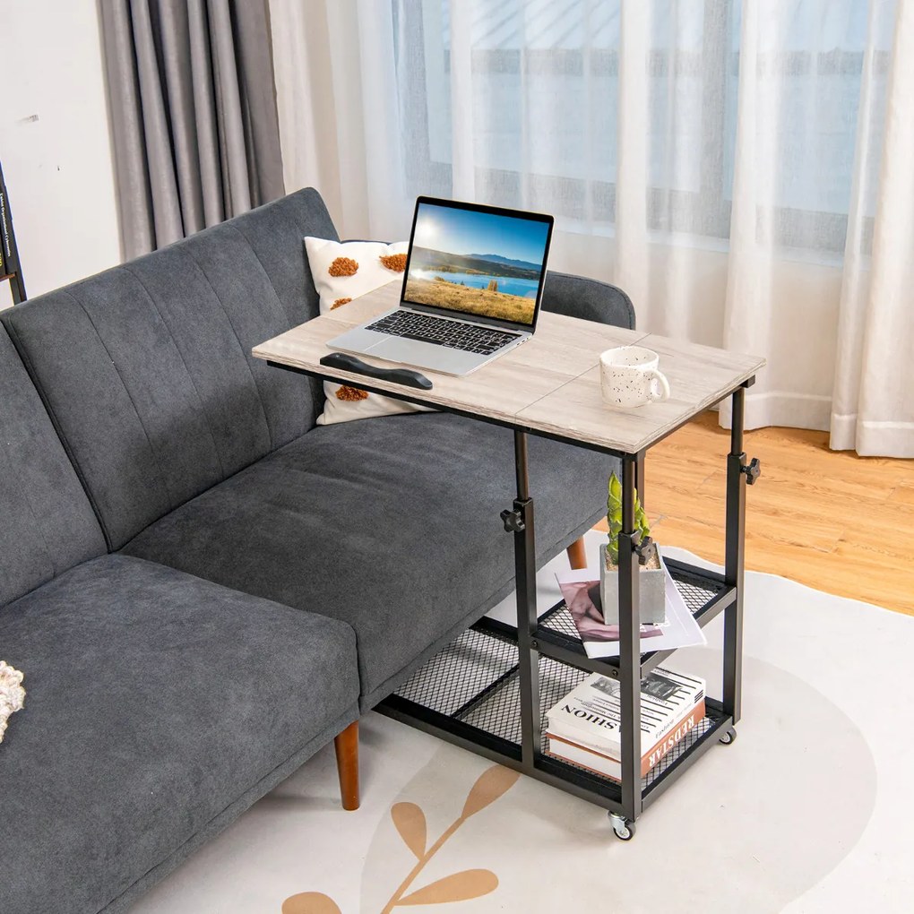 Mesa lateral móvel em forma de C com altura ajustável para computador, superfície de sofá com inclinação industrial, sala de estar, quarto, natural