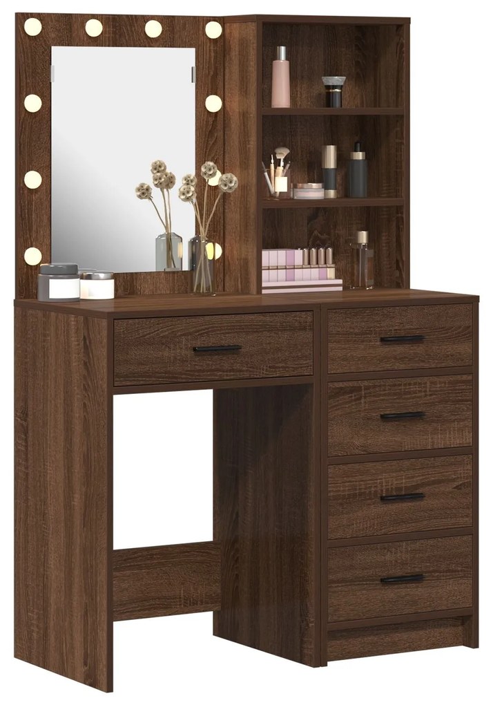Conjunto de Mesa de Maquilhagem de 2 Peças com LED em Madeira de Carva