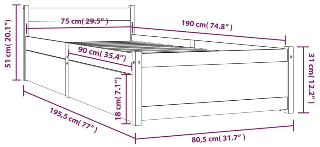 Estrutura cama de solteiro pequena c/ gavetas 75x190 cm branco