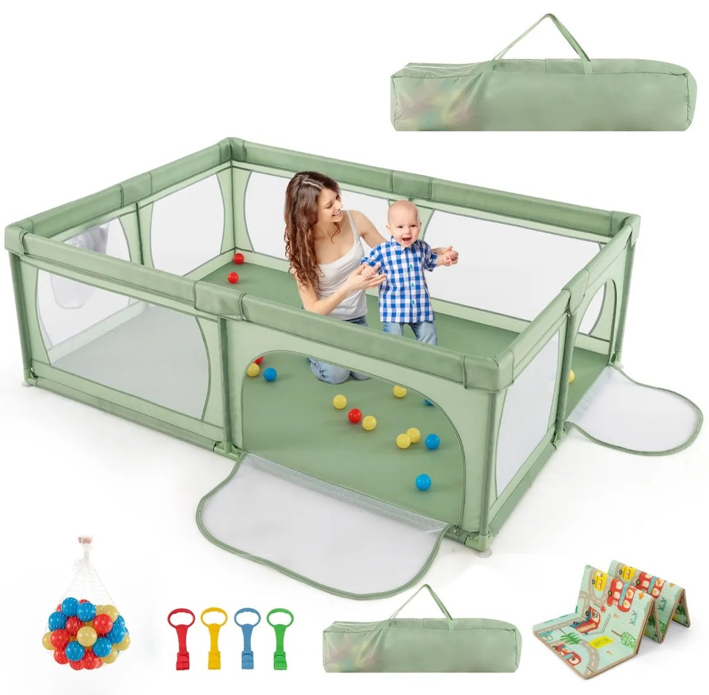 Parque infantil com tapete de jogos Centro de actividades estável não tóxico com bolas Rede respirável com fecho de correr 206 x 147 x 68,5 cm Verde