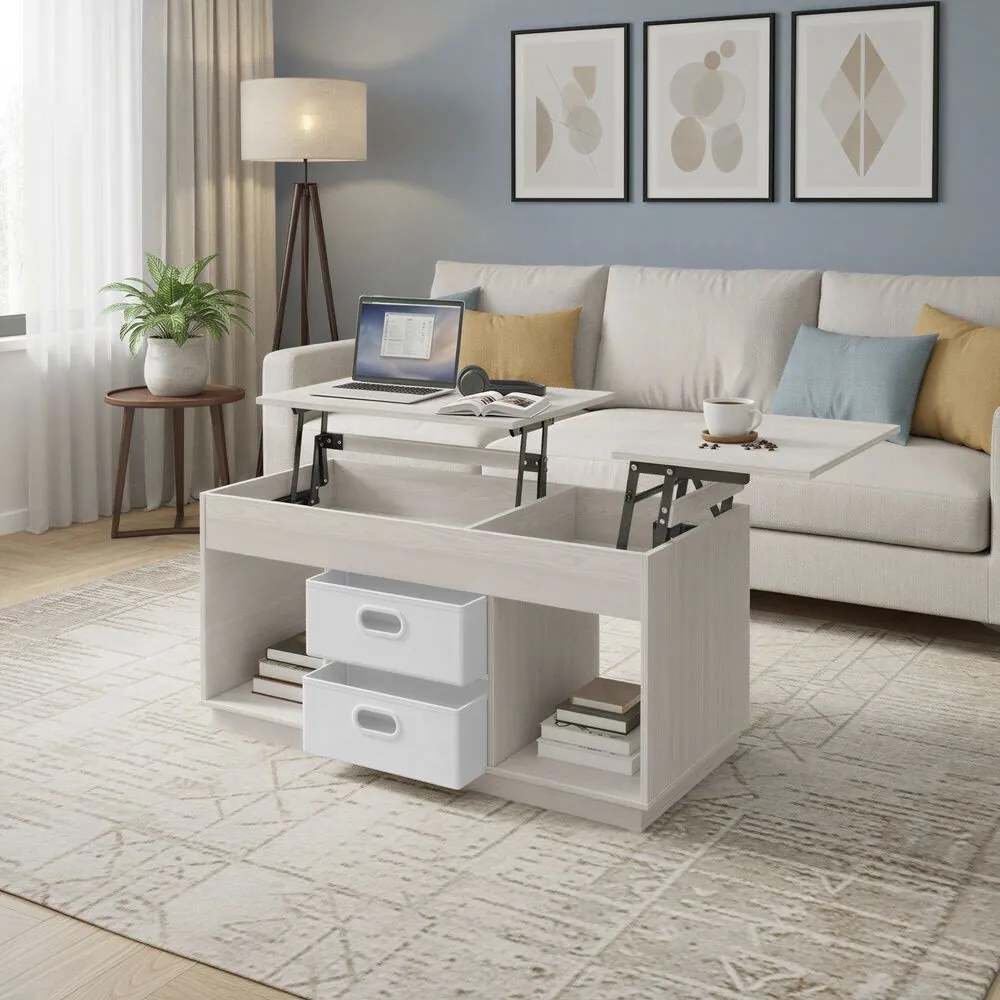 Mesa de centro 50 x 100 x 48,5 cm com 2 gavetas e compartimentos, em bege aveia