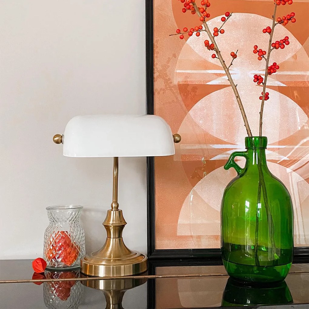 Candeeiro de escrivão clássico dourado com vidro opalino - Banker