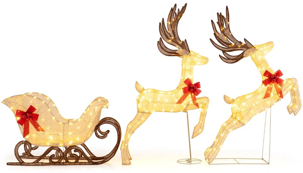 Renas LED com trenó natal com 280 luzes para decoração interna e externa com laços e bolas em branco quente