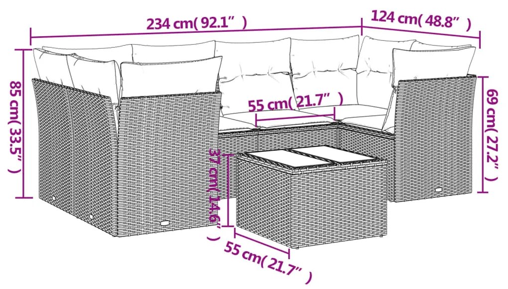 7 pcs conjunto de sofás p/ jardim c/ almofadões vime PE preto